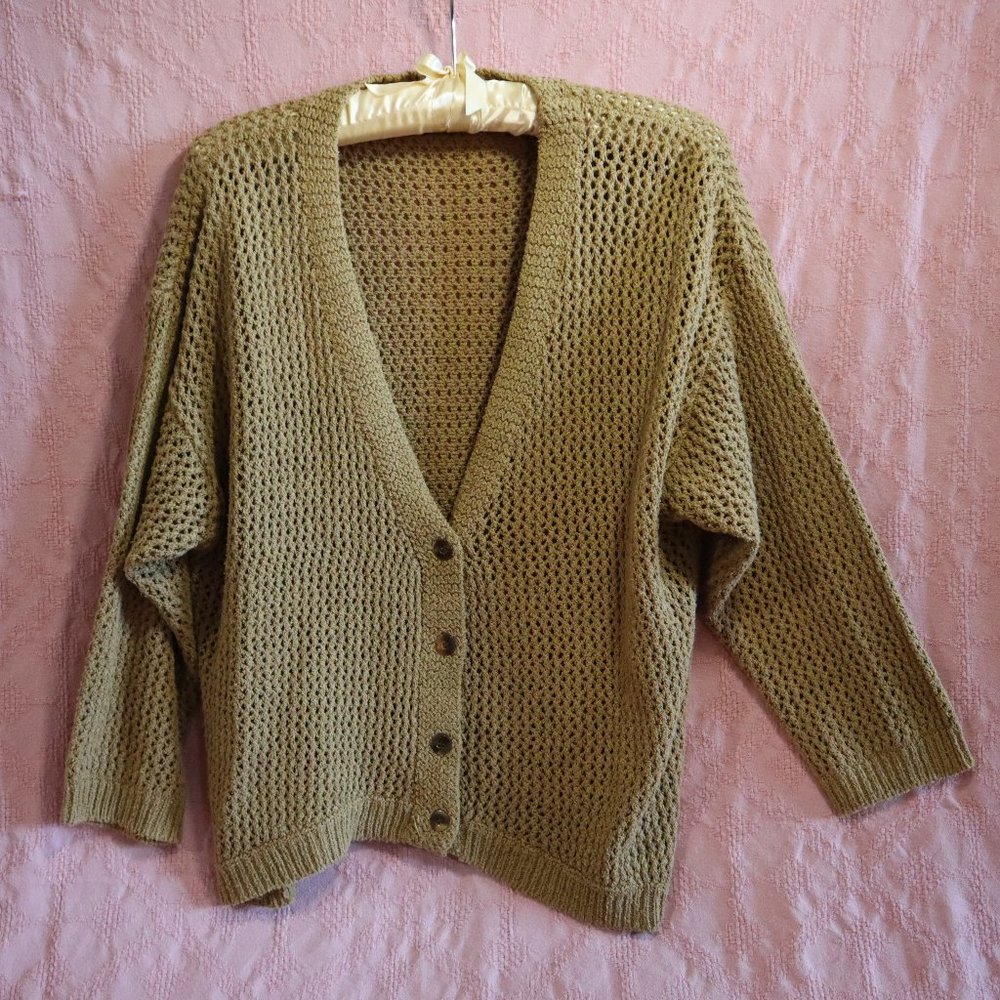 Chaus Button 3/4 Sleeve Dark Mustard Brown Crochet Knit Cardigan Size Medium
